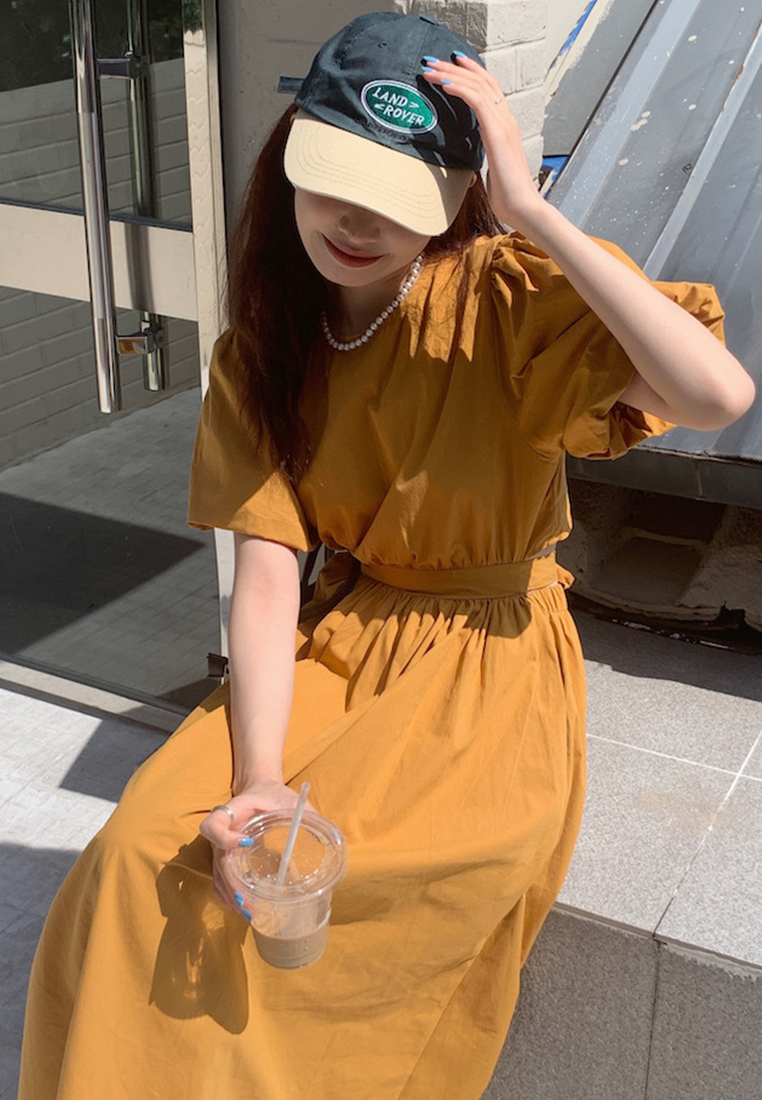 Retro Puff Sleeve Waist Slim Dress CA25060353OR