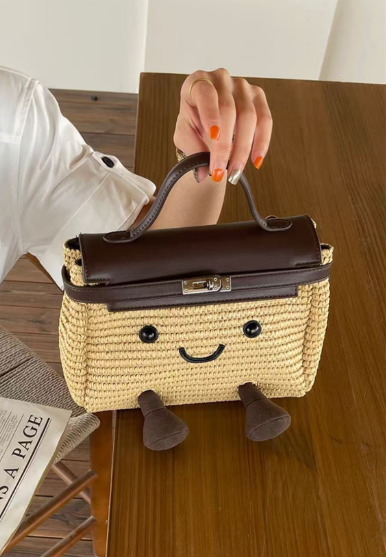 Cute Cartoon Style Smiley Face Woven Mini Handbag with Leather Handle K26052001