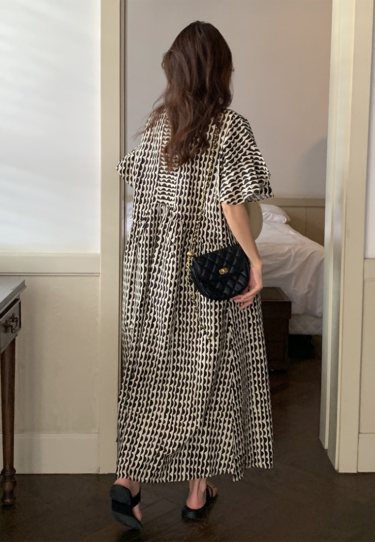 Korean retro lotus leaf sleeve loose print striped dress CA225042253BK