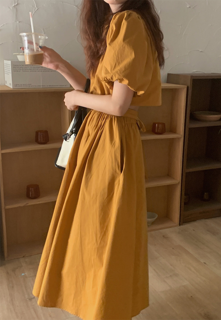 Retro Puff Sleeve Waist Slim Dress CA25060353OR