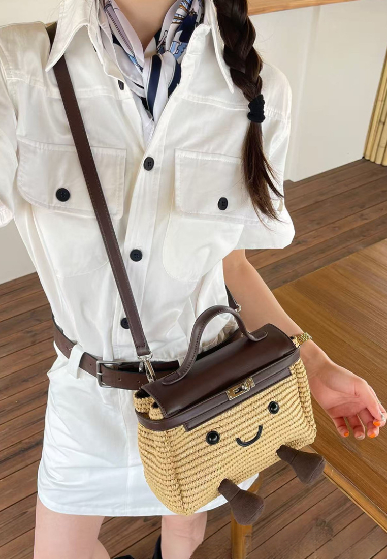 Cute Cartoon Style Smiley Face Woven Mini Handbag with Leather Handle K26052001