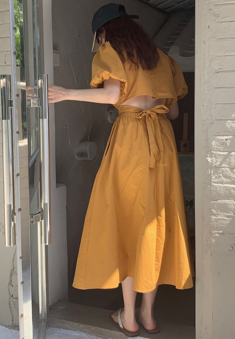 Retro Puff Sleeve Waist Slim Dress CA25060353OR