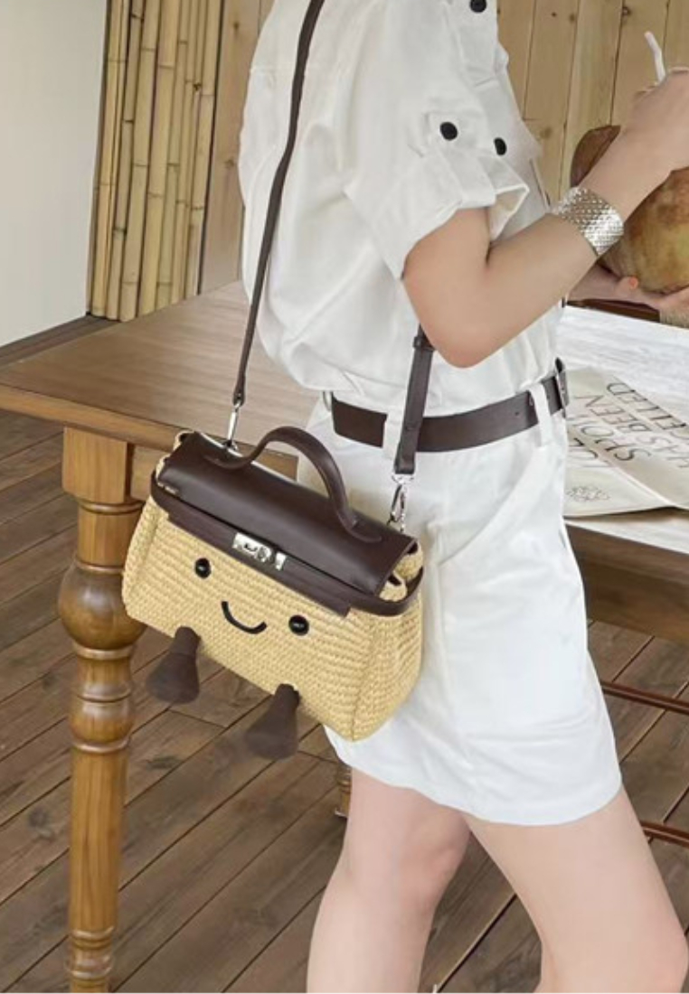 Cute Cartoon Style Smiley Face Woven Mini Handbag with Leather Handle K26052001