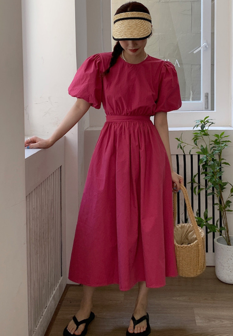 Retro Puff Sleeve Waist Slim Dress CA25060353OR