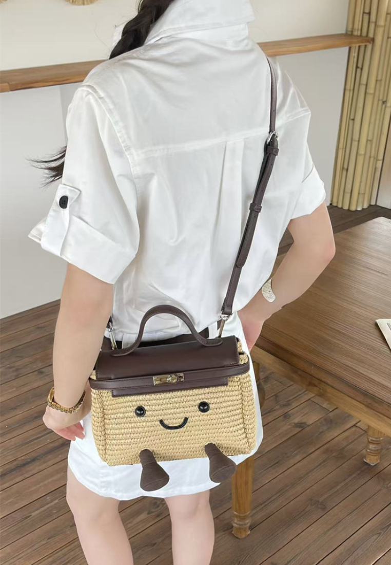 Cute Cartoon Style Smiley Face Woven Mini Handbag with Leather Handle K26052001