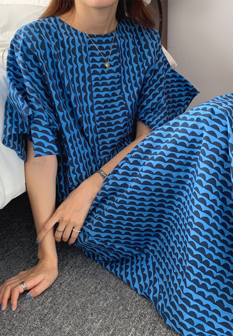 Korean retro lotus leaf sleeve loose print striped dress CA225042253BK