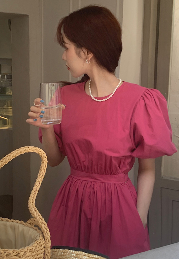 Retro Puff Sleeve Waist Slim Dress CA25060353OR