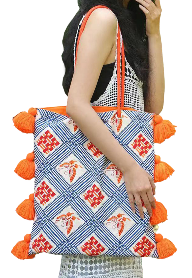 New Chinese style contrast color tassel canvas bag CA25061753GR