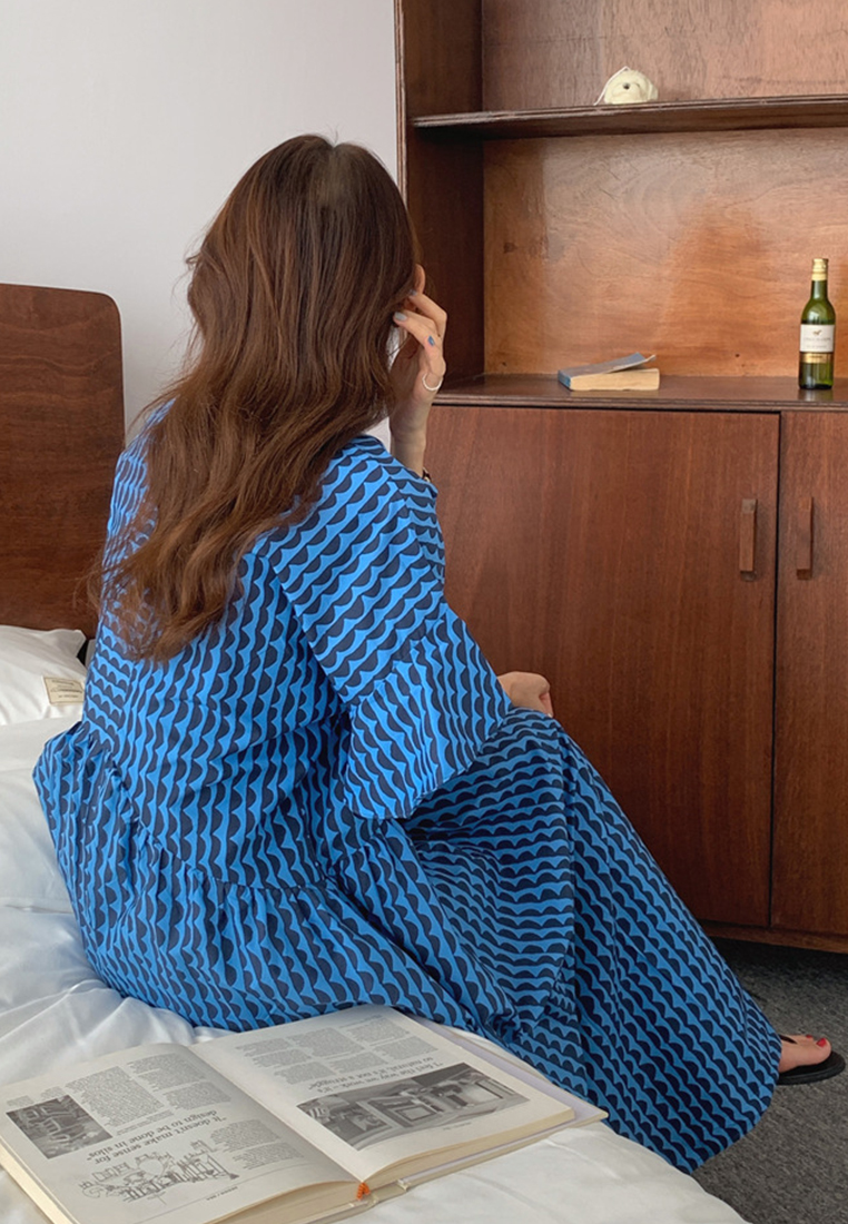 Korean retro lotus leaf sleeve loose print striped dress CA225042253BK