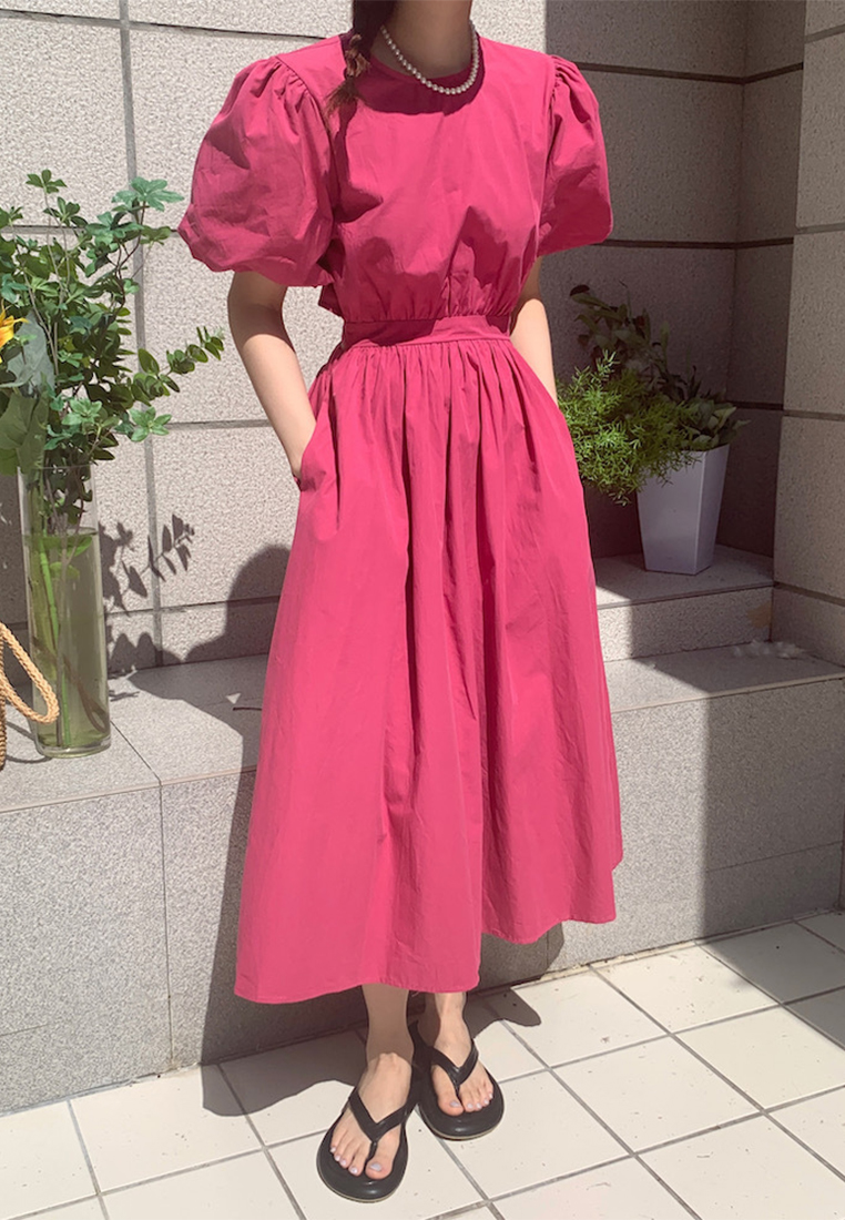 Retro Puff Sleeve Waist Slim Dress CA25060353OR