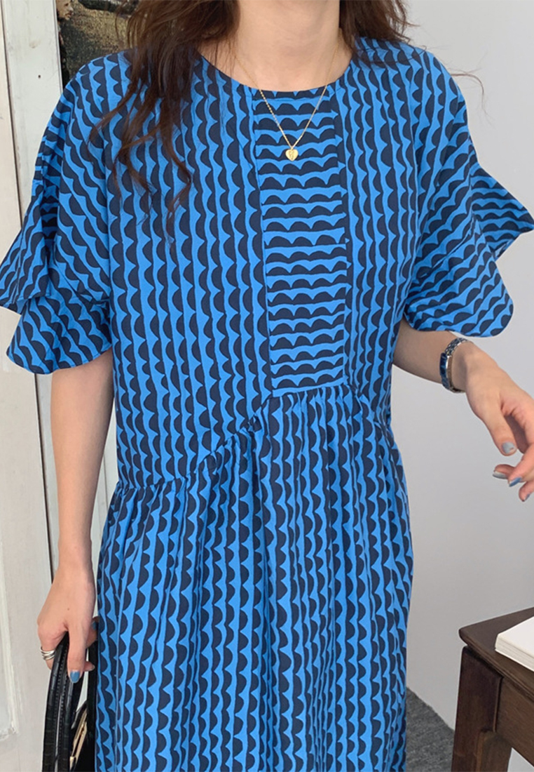 Korean retro lotus leaf sleeve loose print striped dress CA225042253BK