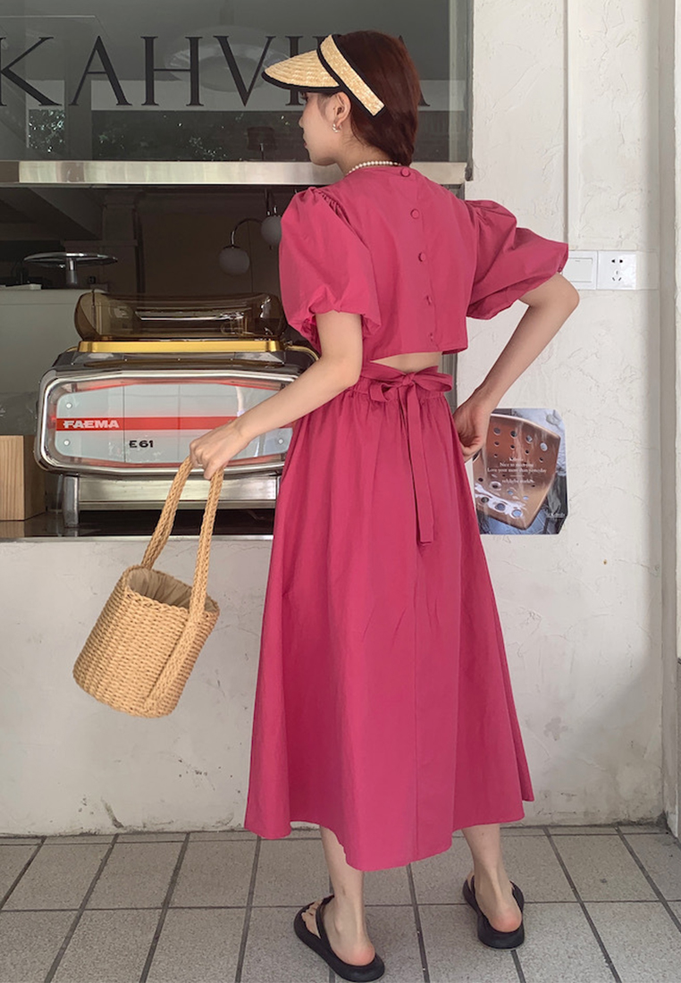 Retro Puff Sleeve Waist Slim Dress CA25060353OR