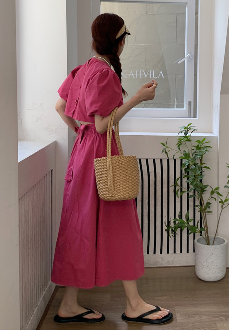 Retro Puff Sleeve Waist Slim Dress CA25060353OR