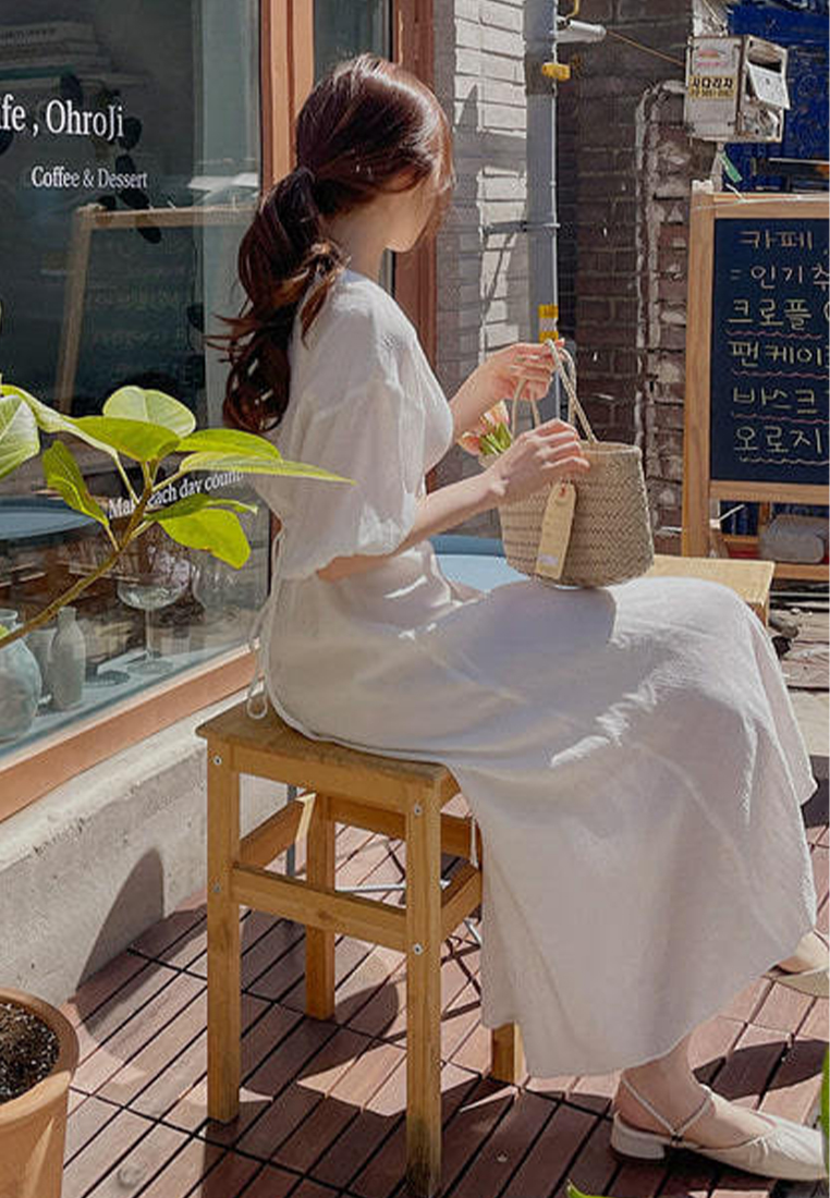 Temperament tied lantern sleeve dress CA25032759BL