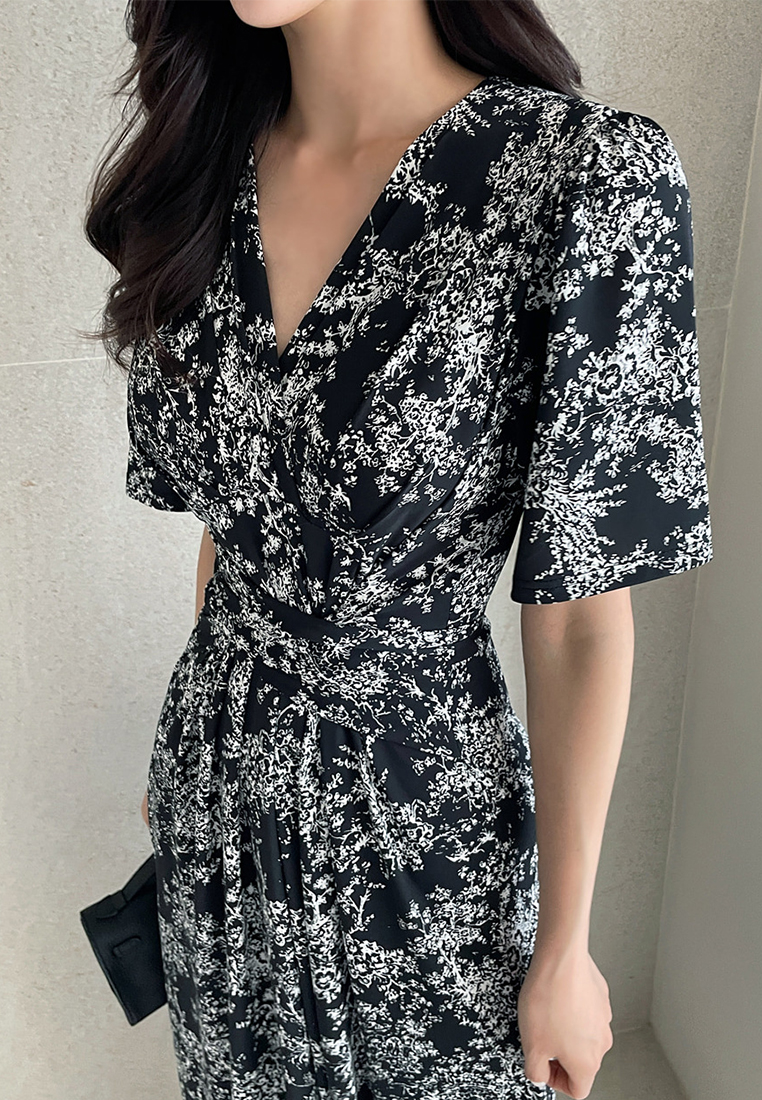 French style ink printed lace up dress CA25032714BK