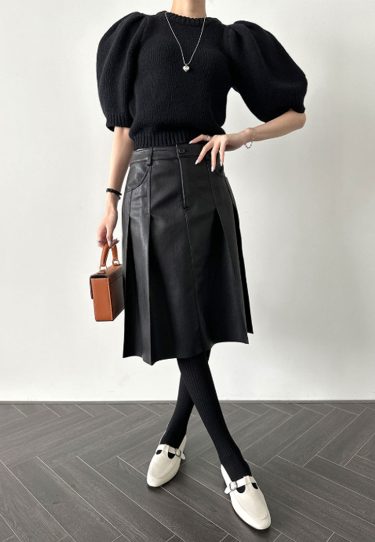 French style versatile pleated PU leather skirt CA241128154BW
