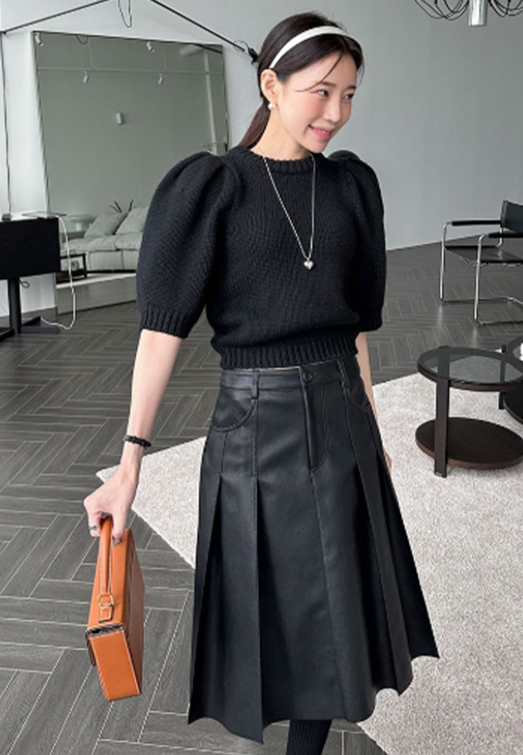French style versatile pleated PU leather skirt CA241128154BW