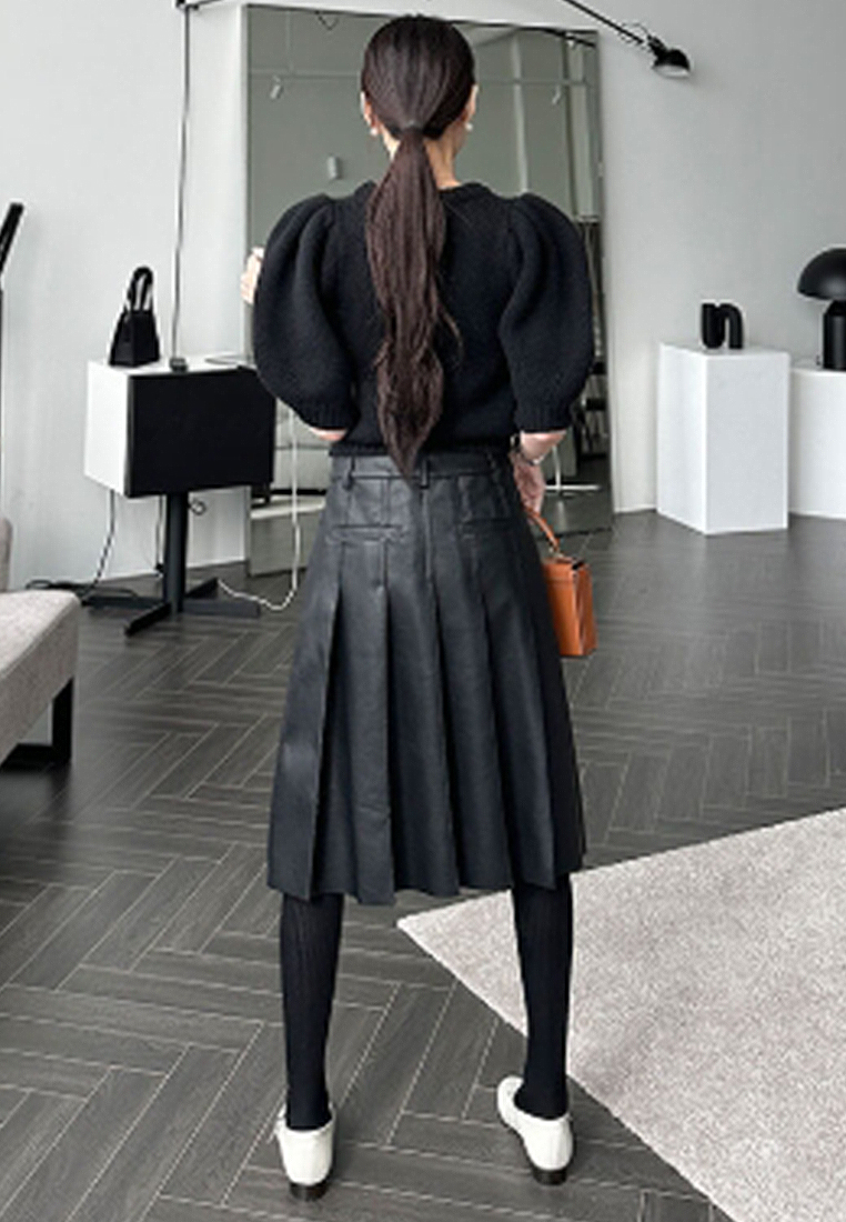 French style versatile pleated PU leather skirt CA241128154BW