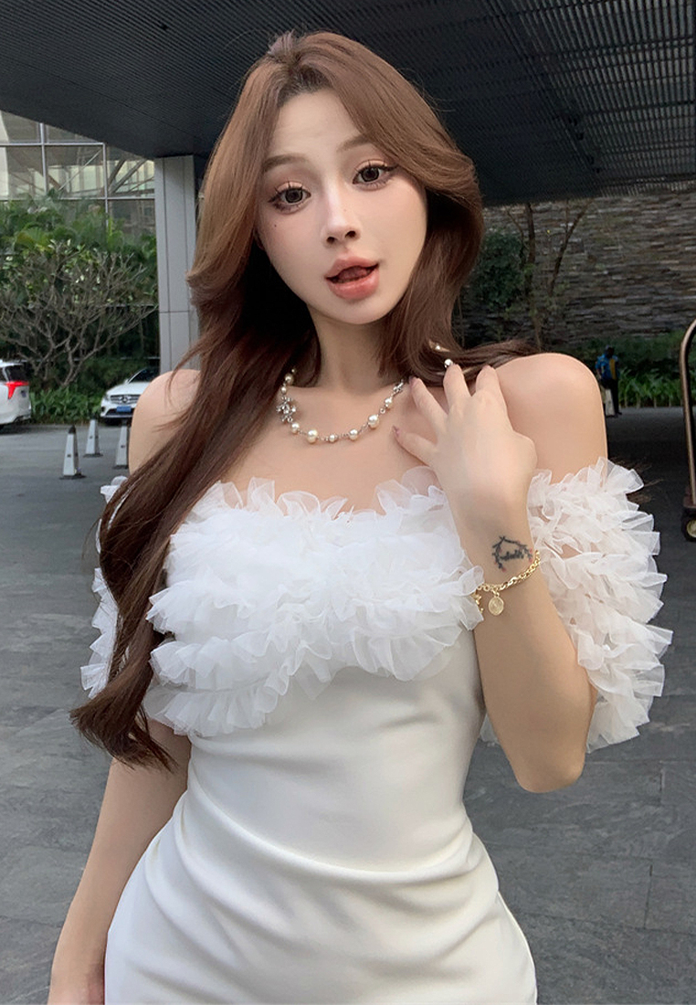 Summer ruffled patchwork slim fit hip short-sleeved dress CA225042254W