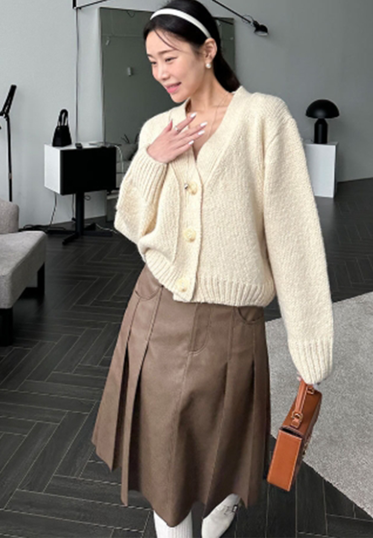 French style versatile pleated PU leather skirt CA241128154BW