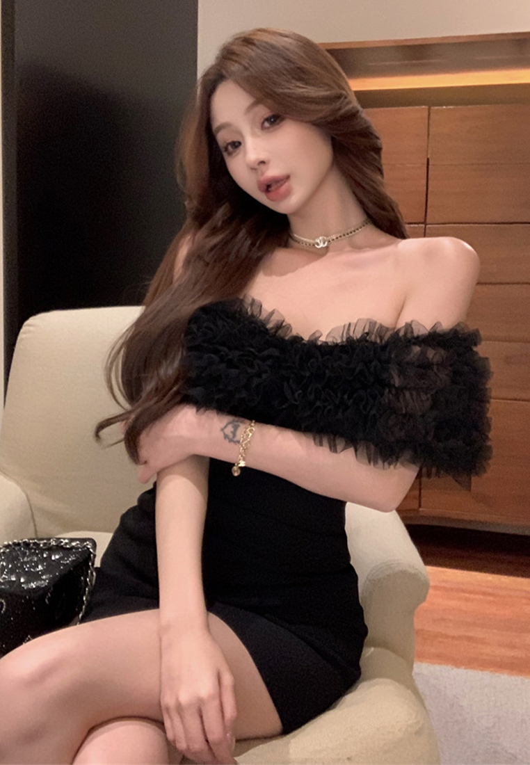 Summer ruffled patchwork slim fit hip short-sleeved dress CA225042254W