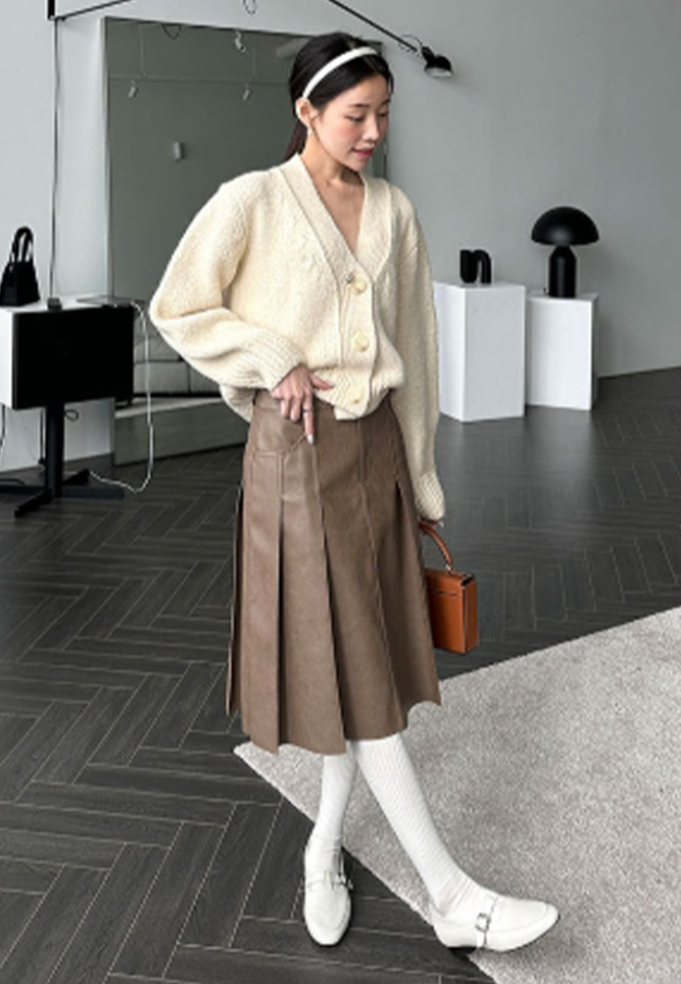 French style versatile pleated PU leather skirt CA241128154BW