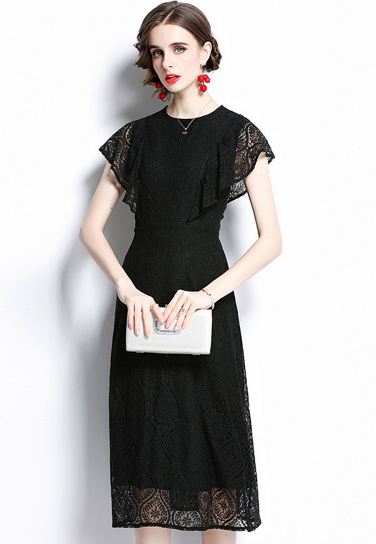 Temperament Ruffled Hollow Lace One-Piece Dress A22021602