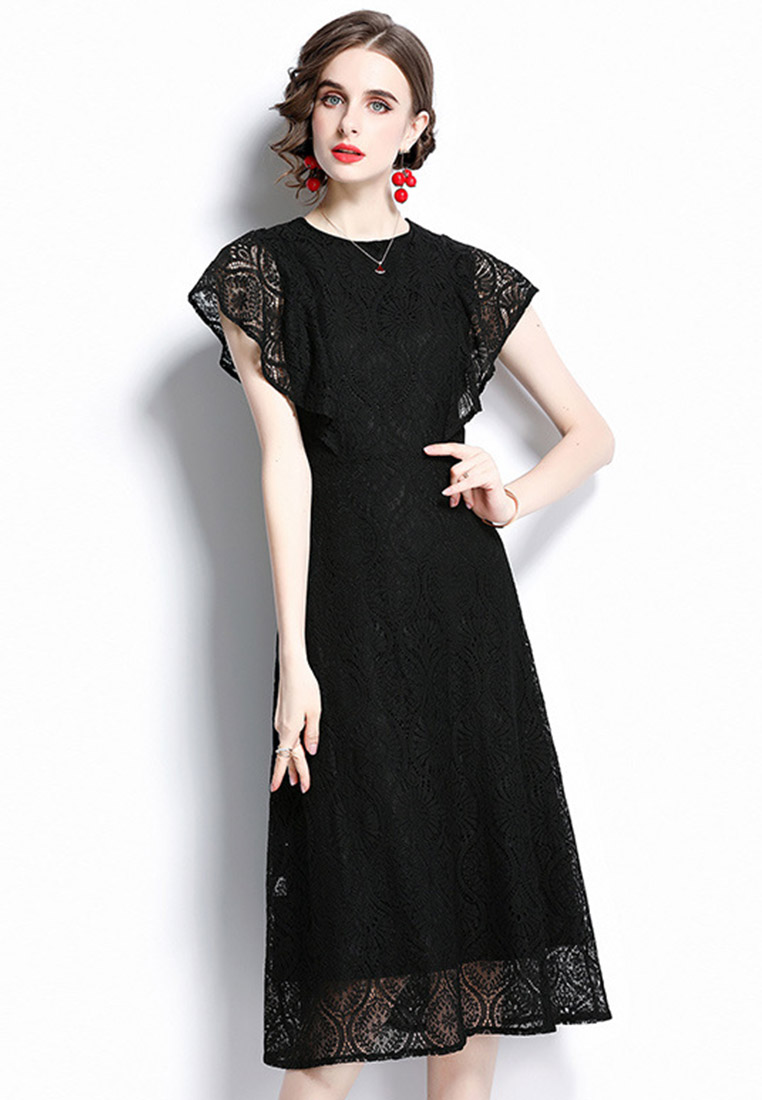 Temperament Ruffled Hollow Lace One-Piece Dress A22021602