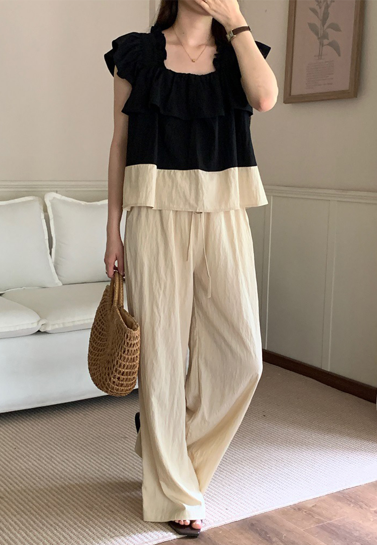 Korean chic summer blouse + high waist wide leg trousers set CA225042285MT