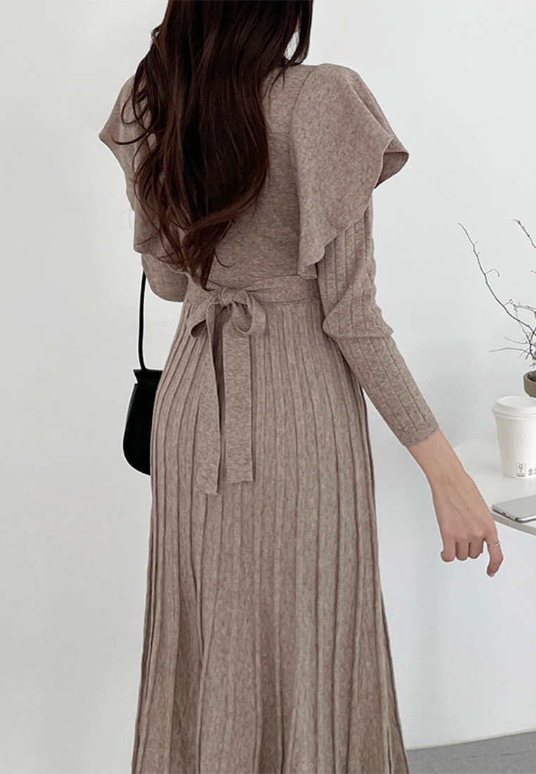 French style waist cinched pleated knitted dress CA241128155BK