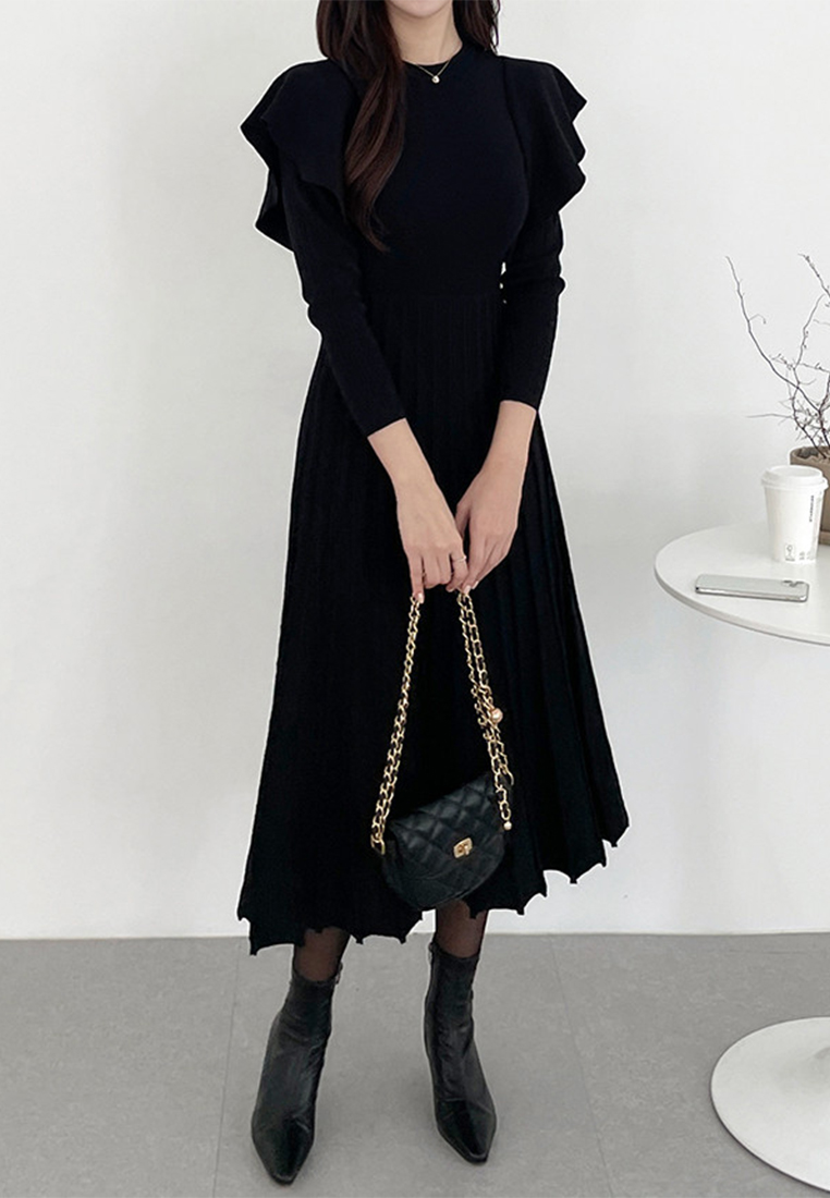 French style waist cinched pleated knitted dress CA241128155BK