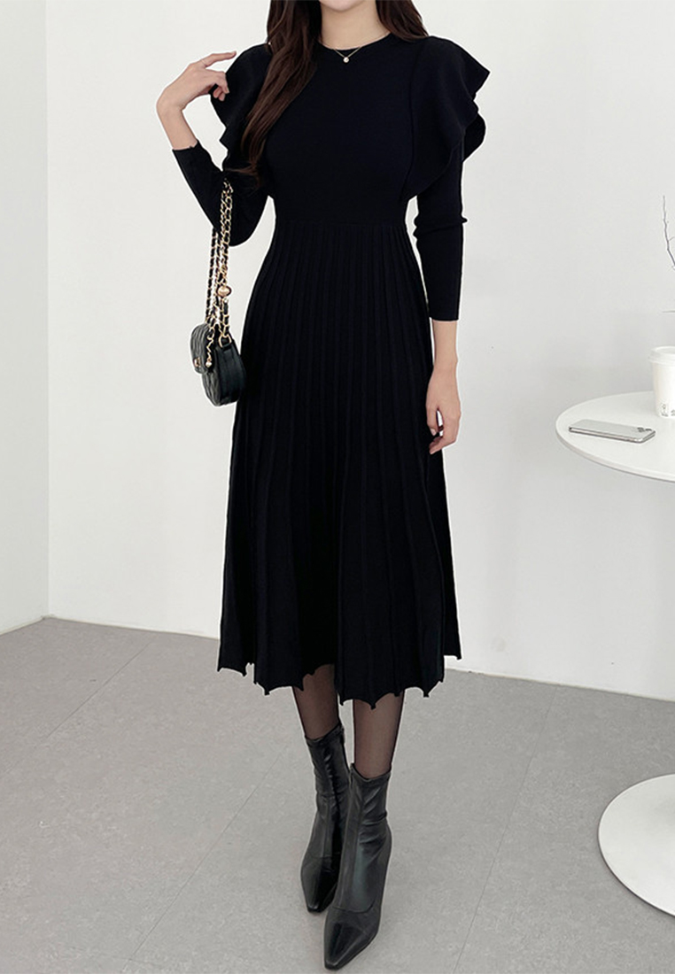 French style waist cinched pleated knitted dress CA241128155BK