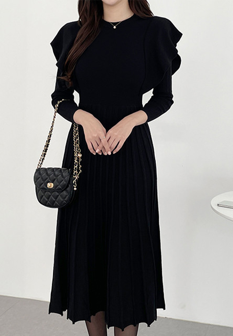 French style waist cinched pleated knitted dress CA241128155BK