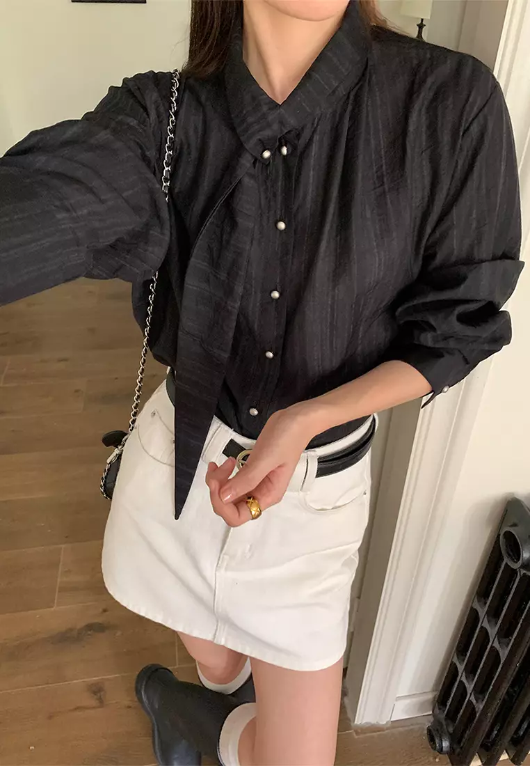 French style loose tie long sleeved top with tie CA24092369BK