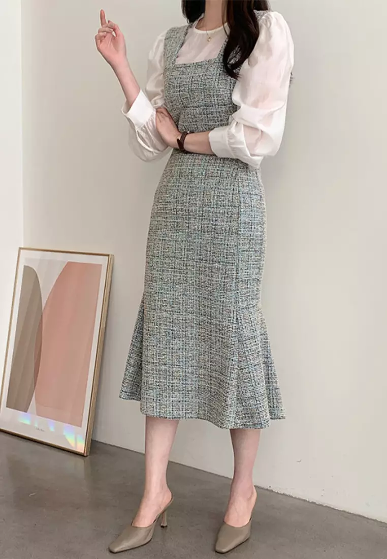 Vintage long shoulder strap dress with temperament CA24092717BW