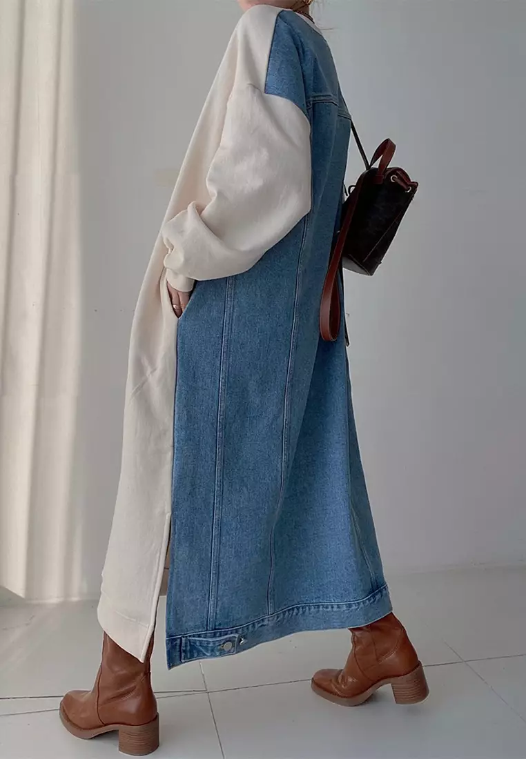 Korean printed patchwork denim loose dress CA24092506GY