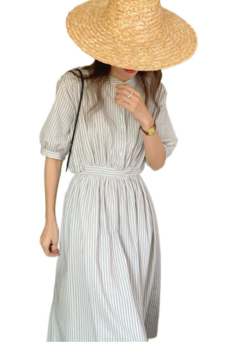 French striped temperament waist cinching short sleeved dress CA25032742W