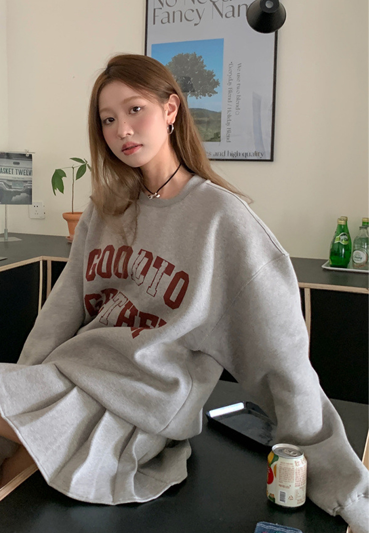 Korean printed loose hoodie pleated skirt set CA241128156GY