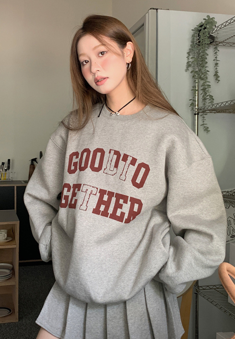 Korean printed loose hoodie pleated skirt set CA241128156GY