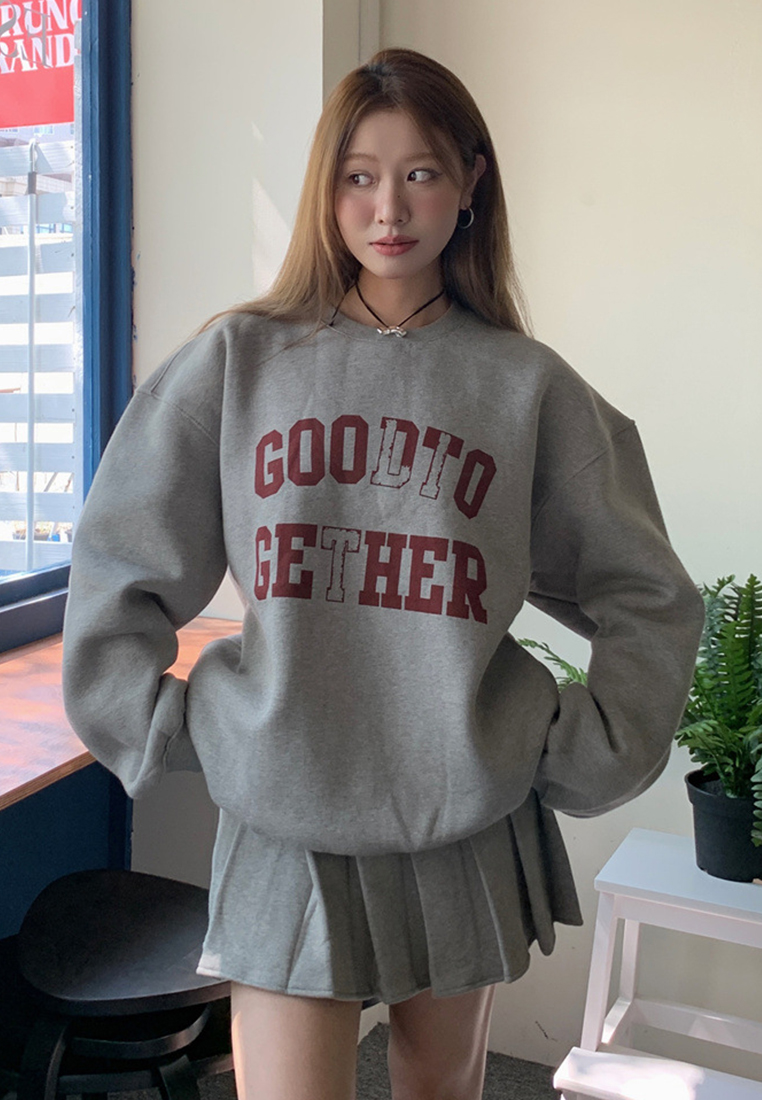 Korean printed loose hoodie pleated skirt set CA241128156GY