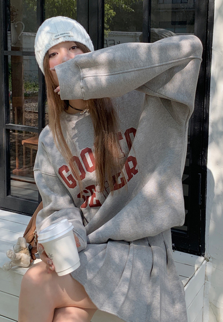 Korean printed loose hoodie pleated skirt set CA241128156GY