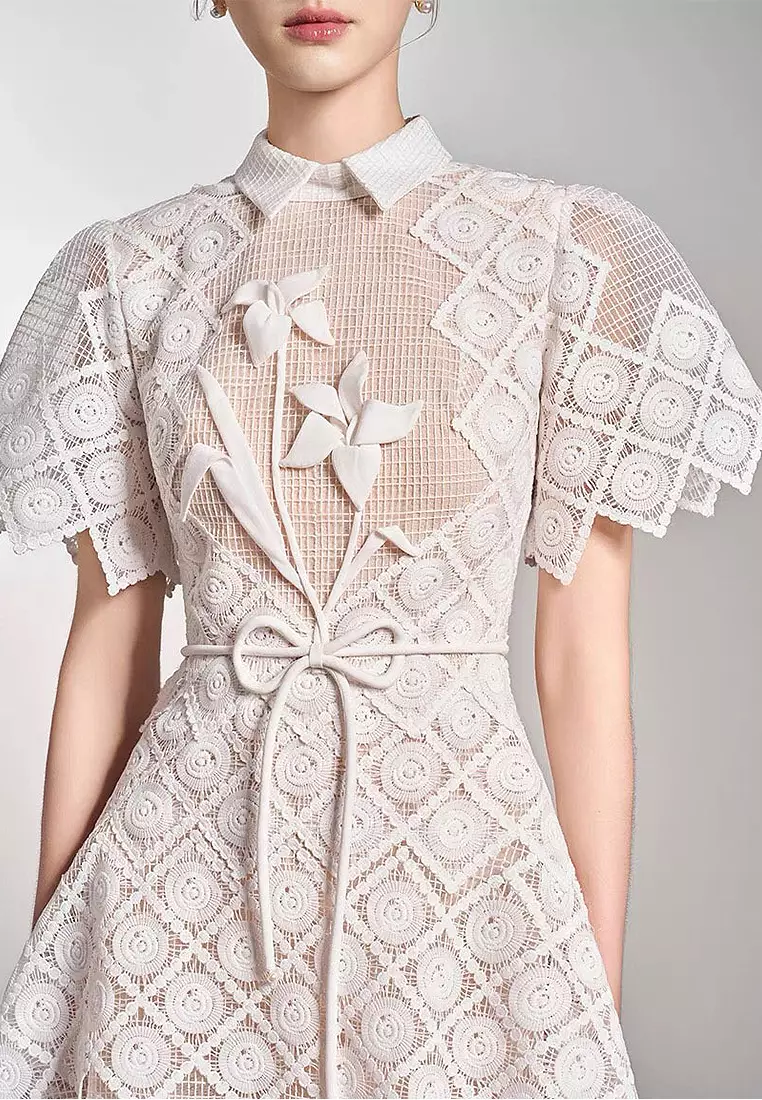 Embroidered elegant lace waist cinching dress CA24102515PI