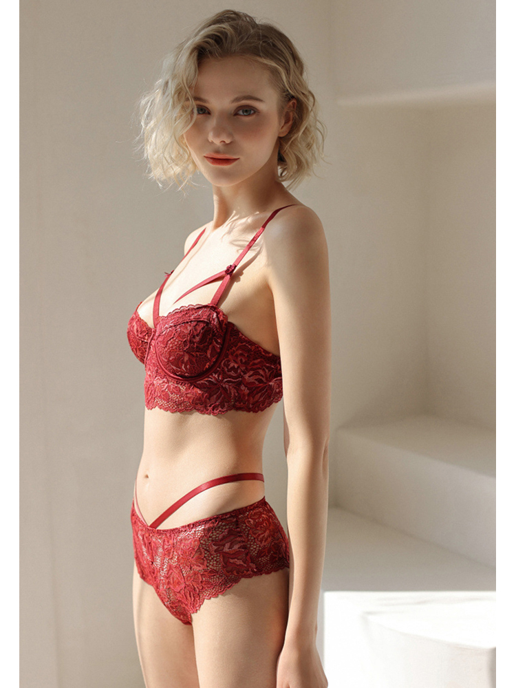 French Lace Sexy Contrast Bandage Hollow Ultra-thin Push-up Bra Set CA23050457RD