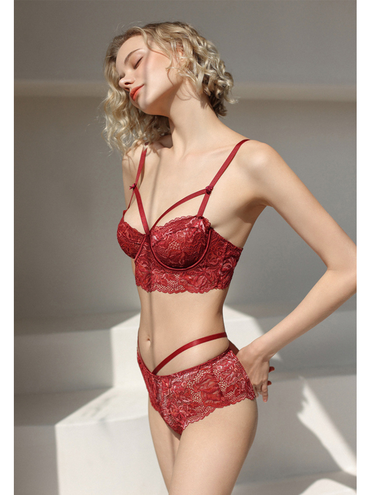 French Lace Sexy Contrast Bandage Hollow Ultra-thin Push-up Bra Set CA23050457RD