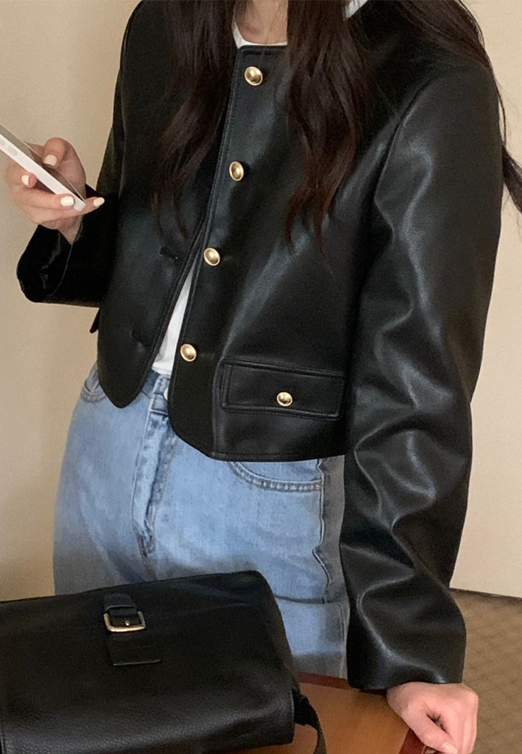 Casual single breasted versatile leather jacket CA241128157BK