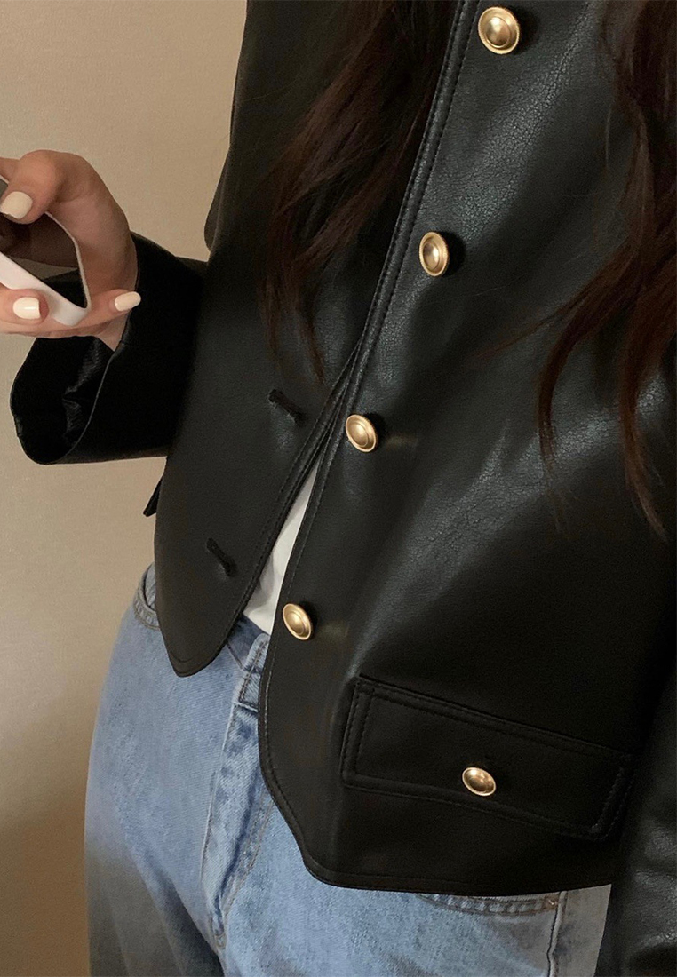 Casual single breasted versatile leather jacket CA241128157BK