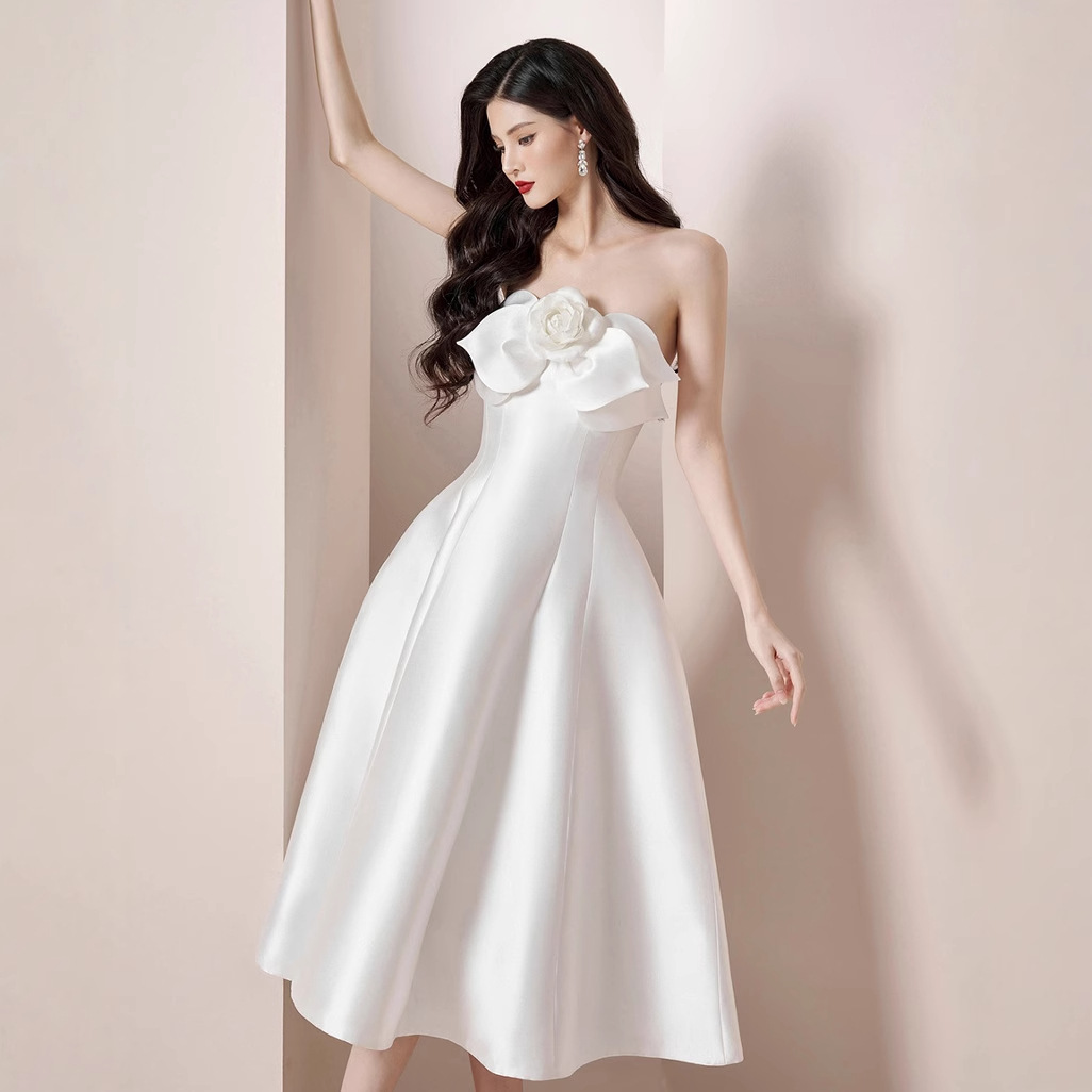 New French-style floral satin strapless maxi dress K25120904