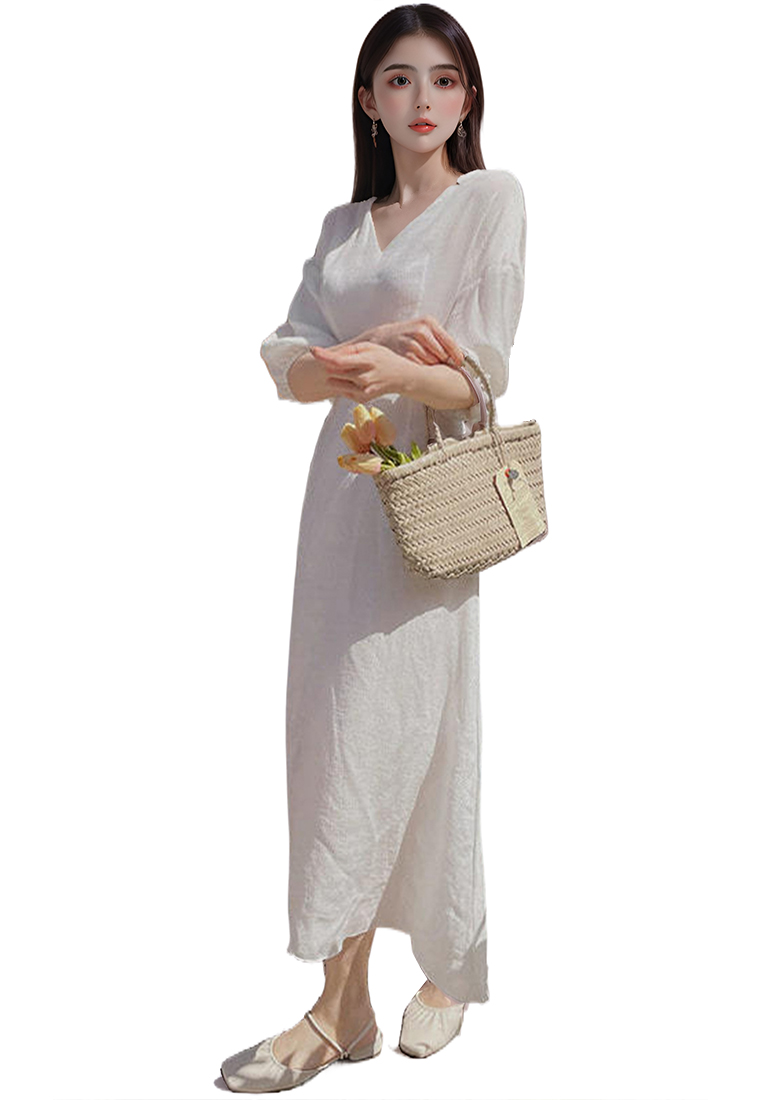 Temperament tied lantern sleeve dress CA25032759BL