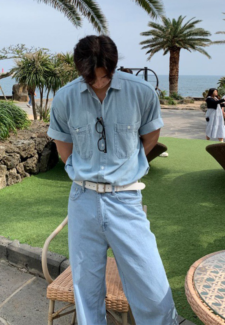 Men's summer vintage washed denim T-shirt CA24051458