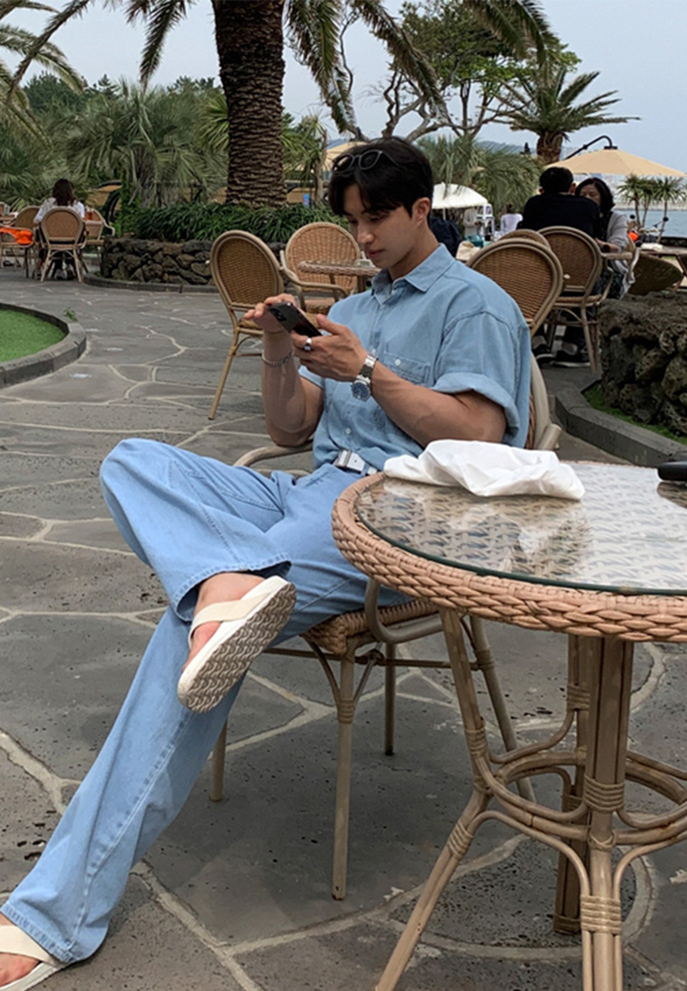 Men's summer vintage washed denim T-shirt CA24051458